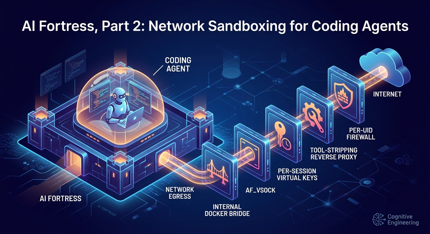 A coding agent under a glass dome on a fortress, with the request flowing through an internal Docker bridge, AF_VSOCK, per-session virtual keys, a tool-stripping reverse proxy, and a per-UID firewall before reaching the internet.