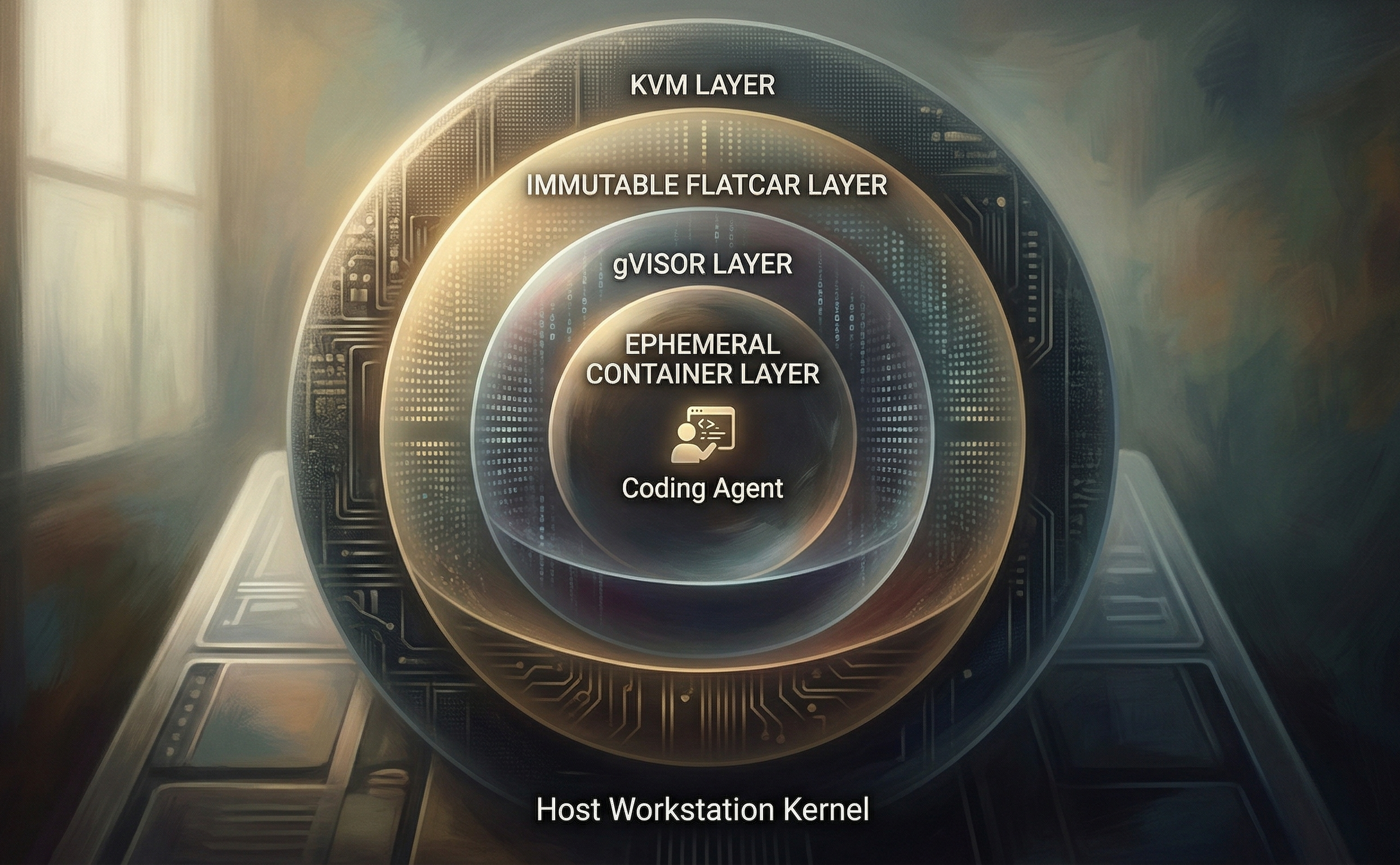 Four nested isolation layers between a coding agent and the host workstation