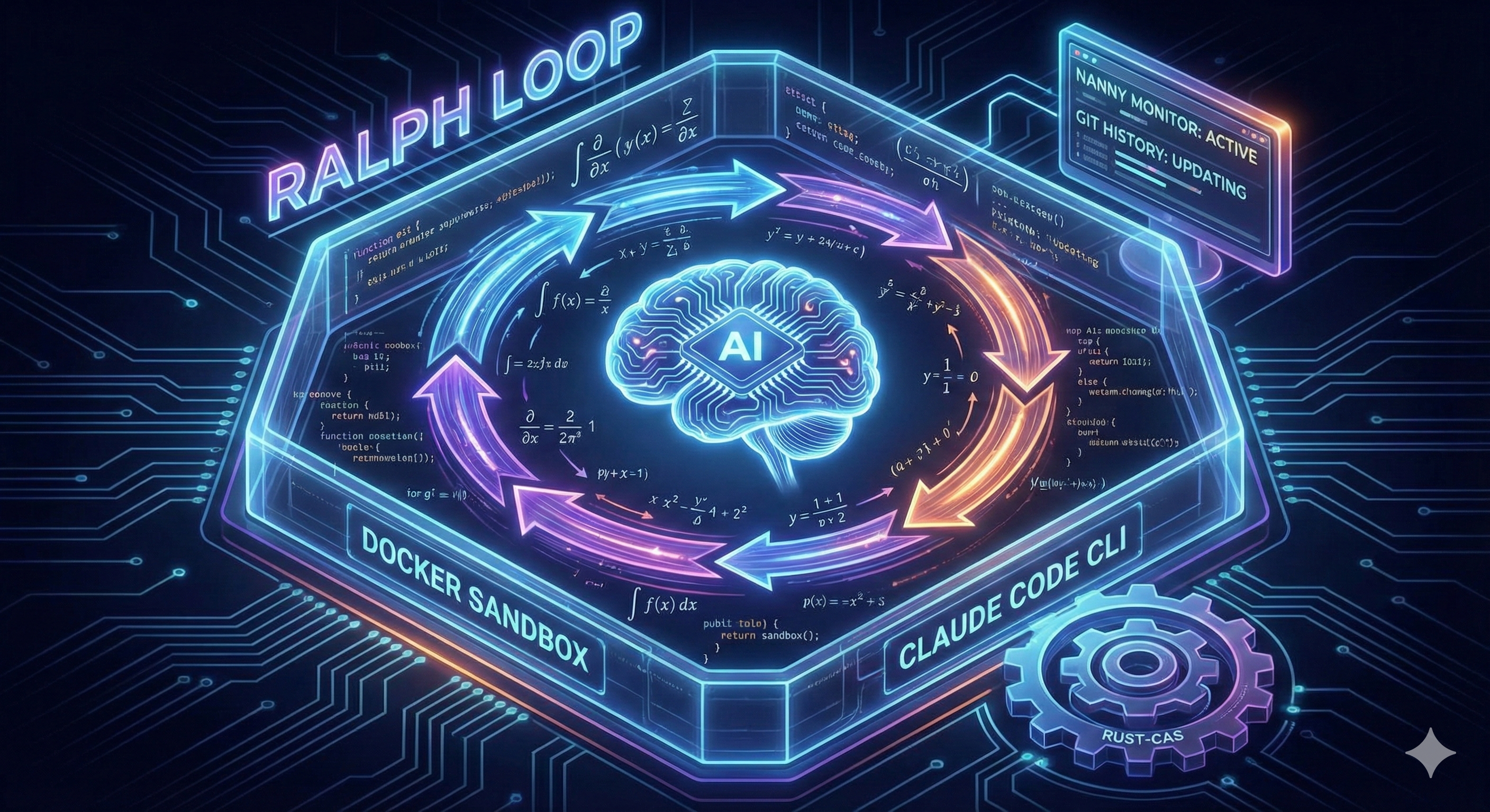 Ralph Loop: an AI agent iterating inside a Docker sandbox with Claude Code CLI, a nanny monitor, and mathematical expressions