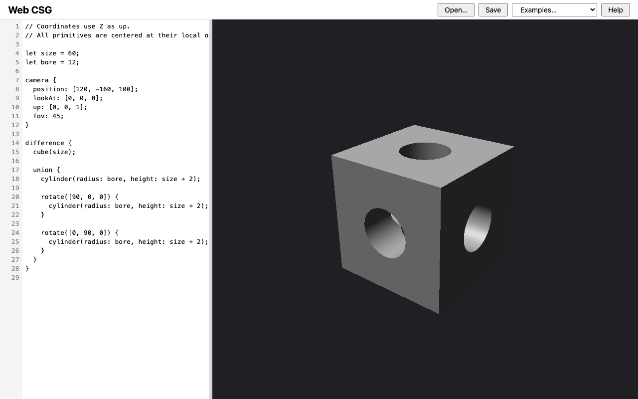 The Web CSG modeler in a browser: a declarative scene description on the left, a ray-traced bored cube rendered on the right.